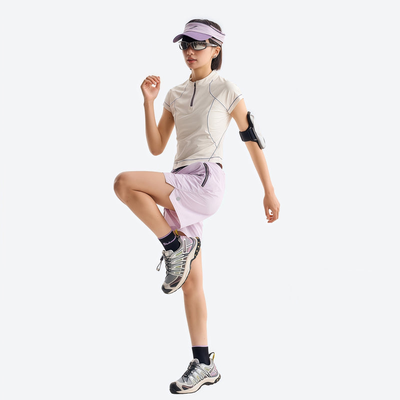 Women's stretchy fitted tee for outdoor - cream white half-zip short sleeve tee on women with cap, for travel and city walks