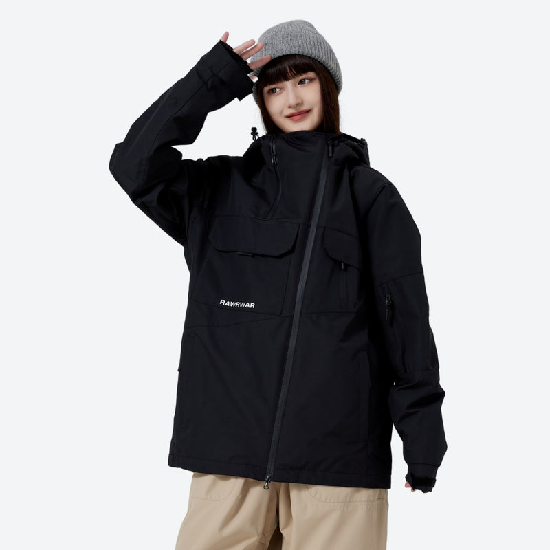 Unisex waterproof 2L asymmetric snow jacket - black asymmetric jacket, for resort and street wear
