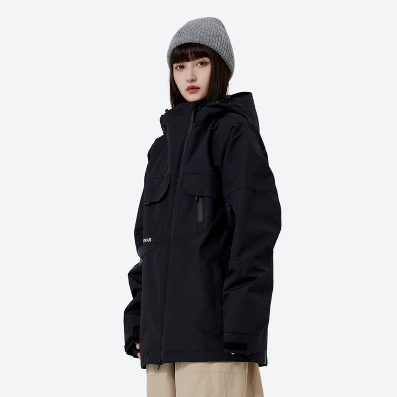 Unisex asymmetric snowboard jacket and cargo pants - black asymmetric jacket, for skiing and snowboarding