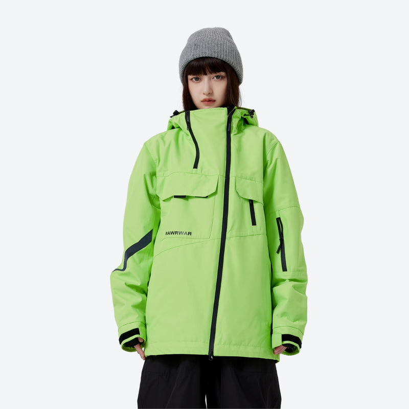 Breathable 2-layer asymmetrical ski jacket with pants - neon green asymmetric jacket, for skiing and snowboarding
