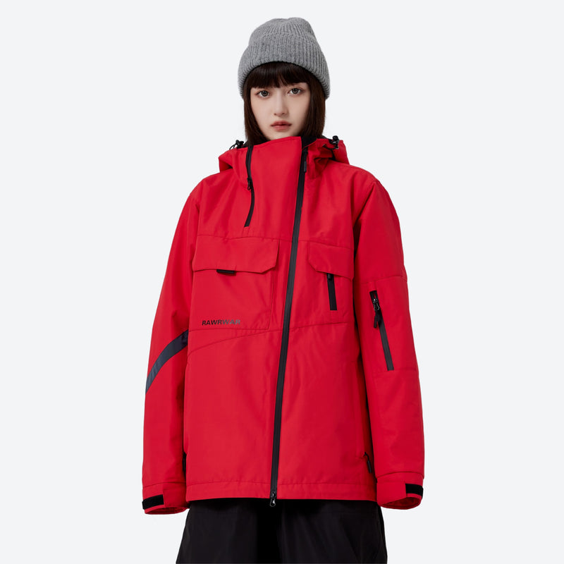 Breathable 2-layer asymmetrical ski jacket with pants - red asymmetric jacket, for resort and street wear
