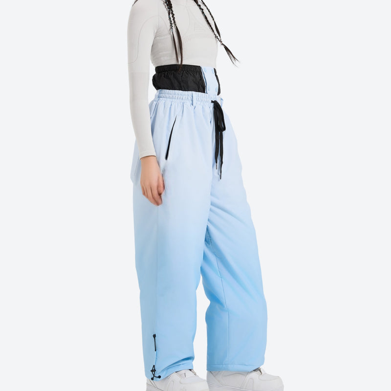 Unisex gradient colorblock snow jacket and pants - blue gradient snow pants with black top, for skiing and snowboarding