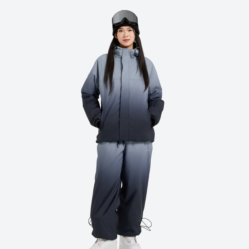 Breathable waterproof 2L ombre ski set - black gradient jacket with pants, on-model front view, for skiing and snowboarding