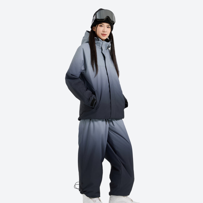Unisex gradient colorblock snow jacket and pants - black gradient jacket with pants, for cold-weather winter sports
