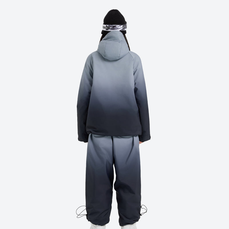 Unisex gradient print snowboard jacket and pants - black gradient jacket with pants, for powder and piste riding