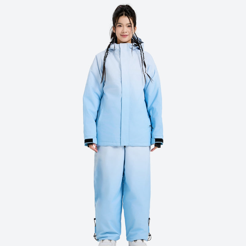 Breathable waterproof 2L ombre ski set - blue gradient jacket with pants, on-model front view, for cold-weather winter sports
