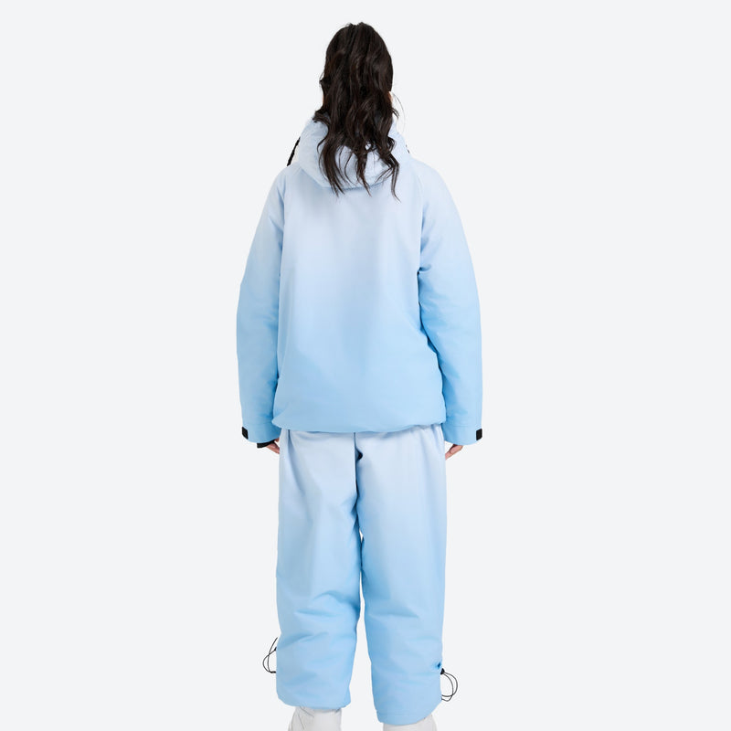 Breathable waterproof 2L ombre ski set - blue gradient jacket with pants, on-model back view, for powder and piste riding