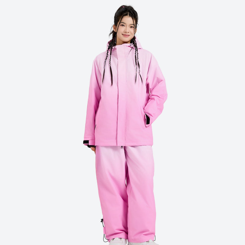 Unisex gradient print snowboard jacket and pants - pink gradient jacket with pants, for powder and piste riding
