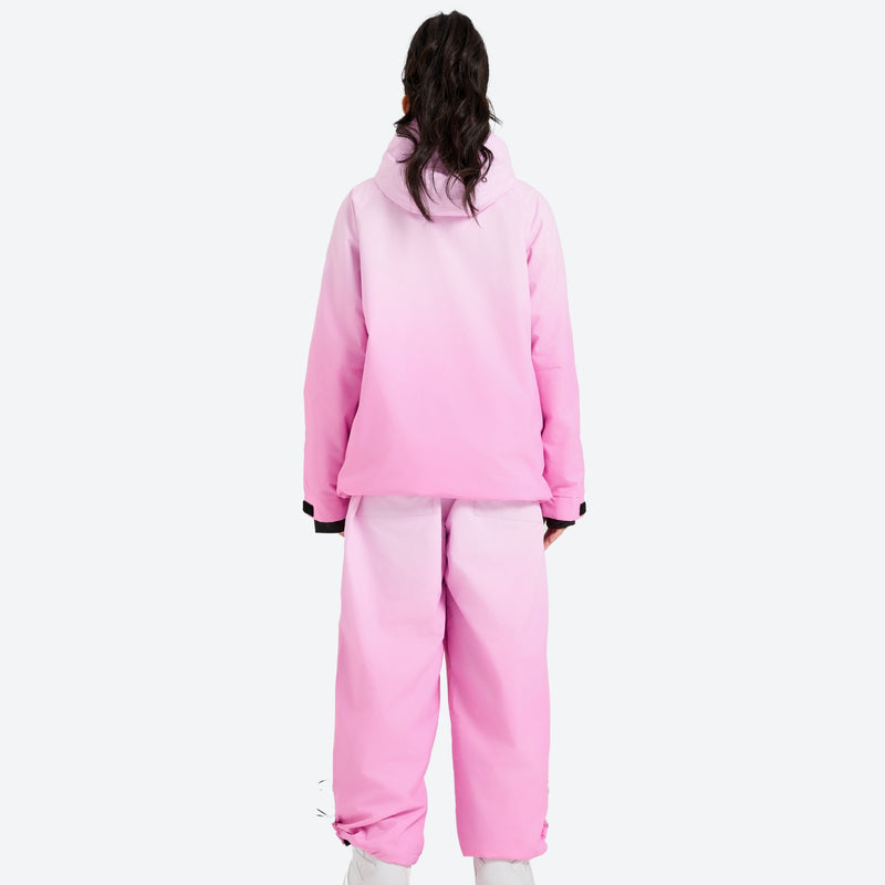 Unisex gradient colorblock snow jacket and pants - pink gradient jacket with pants, for cold-weather winter sports