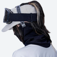 
                  
                    Breathe neckwarmer facemask with breathable fabric - black facemask on women in white cap, for snow sports weekends
                  
                