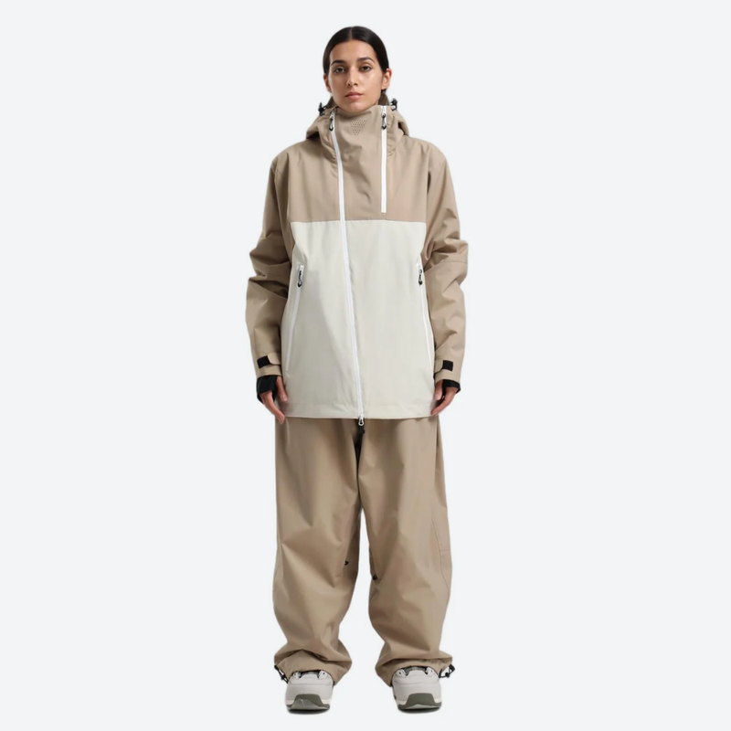 Women's colorblock ski jacket set - tan and cream colorblock jacket with tan pants, for cold-weather winter sports
