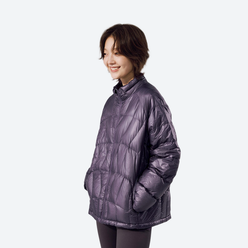 Ultralight water-repellent down series for men and women - purple ultralight down jacket on women, side standing view