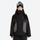 Season end clearance snow wear collection - black gray color-block ski jacket on women with goggles beanie