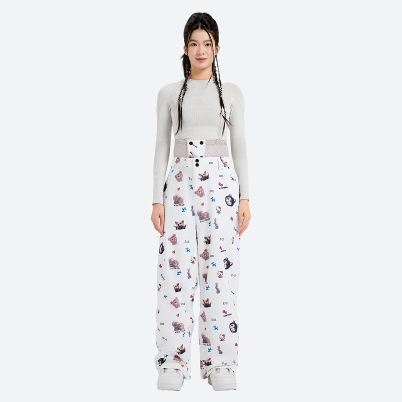 Women's print snowboard anorak with wide-leg pants - white print wide-leg pants with gray top, for powder and piste riding