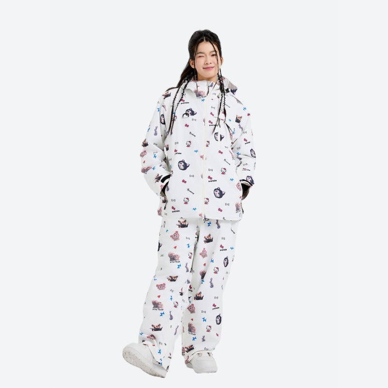 Women's breathable paw print pullover ski jacket - white print anorak with print pants, for powder and piste riding
