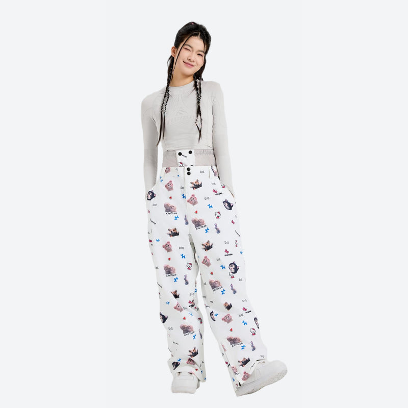 Women's print snowboard anorak with wide-leg pants - white print pants with gray top, for resort and street wear