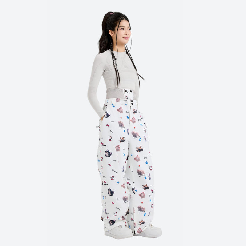 Women's 3L print snow anorak and pants series - white print pants with gray top, for powder and piste riding