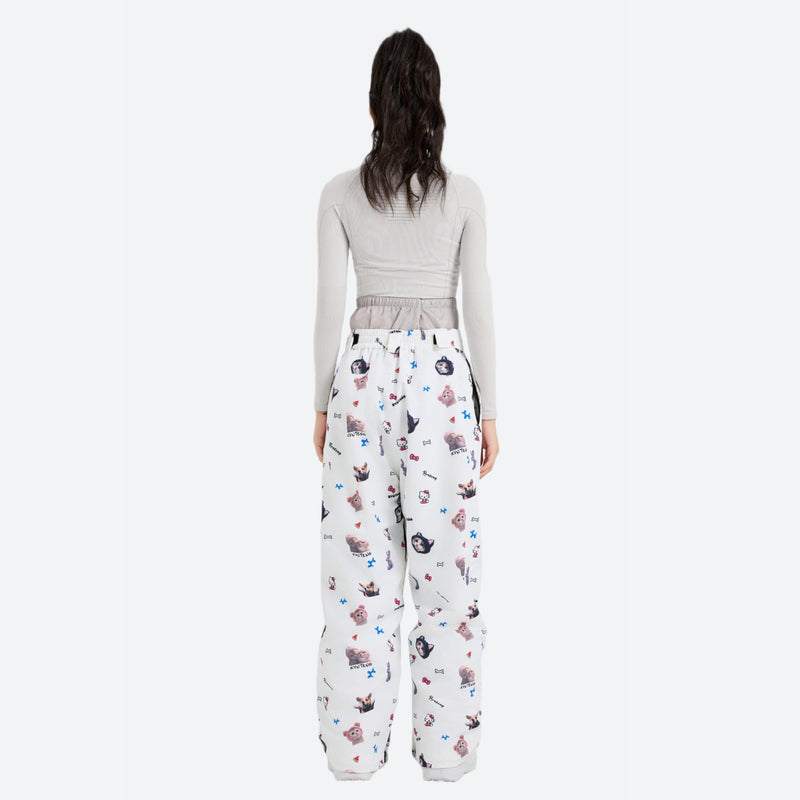 Women's breathable paw print pullover ski jacket - white print pants with gray top, for cold-weather winter sports