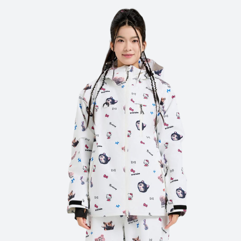 Women's breathable paw print pullover ski jacket - white print anorak, on-model front view, for resort and street wear