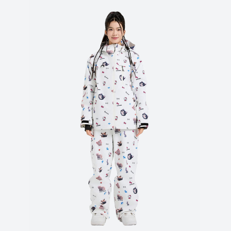 Women's 3L print snow anorak and pants series - white print anorak with print pants, for cold-weather winter sports