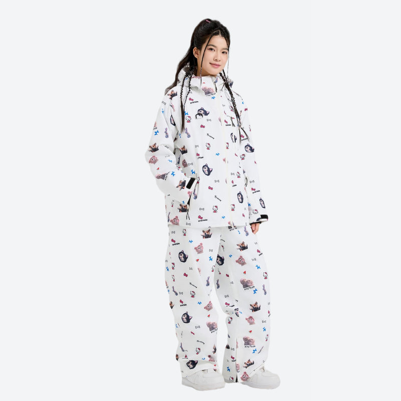 Women's print snowboard anorak with wide-leg pants - white print anorak with print pants, for skiing and snowboarding