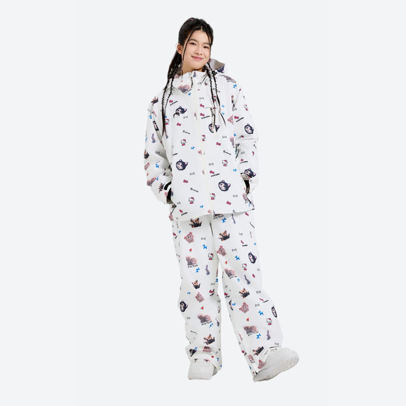 Women's 3L print snow anorak and pants series - white print anorak with print pants, for resort and street wear