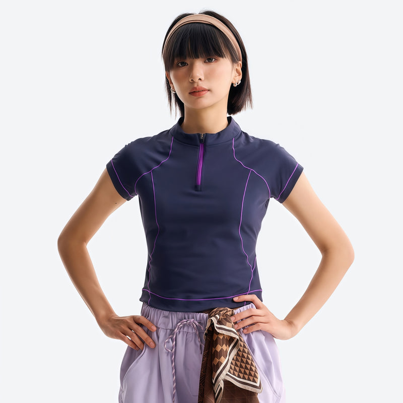 Women's stretchy fitted tee for outdoor - navy half-zip short sleeve tee on women with headband