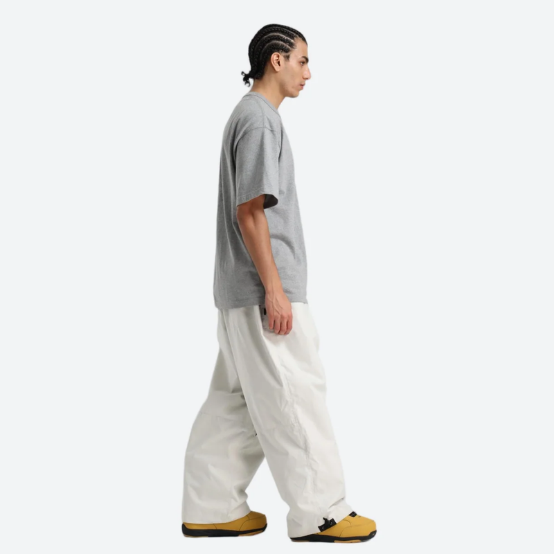 Unisex waterproof 3L snow anorak jacket and pants - white snow pants with gray tee, for resort and street wear