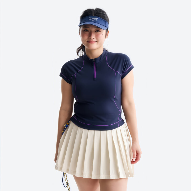 Women's fitted quick-dry breathable tee - navy half-zip short sleeve tee on women with headband, for cycling and commuting