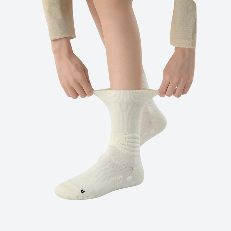 Breathable ergonomic merino wool socks - cream merino wool socks on feet, for travel and city walks