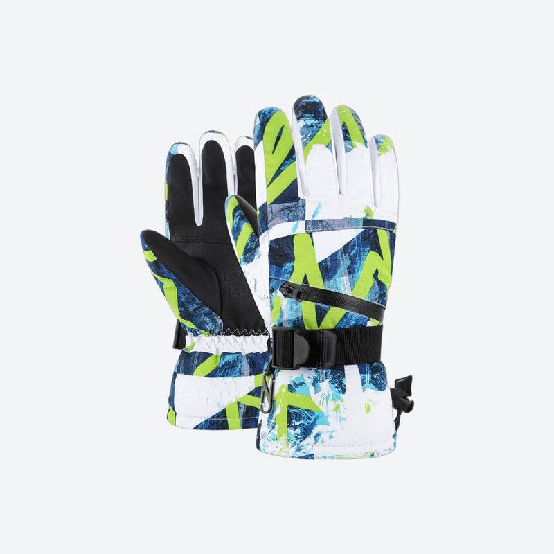 Snow gloves with card pocket and pair clip - printed snow gloves pair, white green print pair view, for snow sports weekends