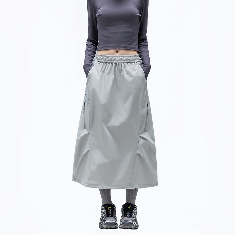 Outdoor long skirt with side zip pockets - light gray water-repellent long skirt on women, for camping and outdoor weekends
