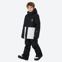 
                  
                    Kids waterproof 2L snow jacket and pants set - black white colorblock kids jacket with black pants, for family resort trips
                  
                