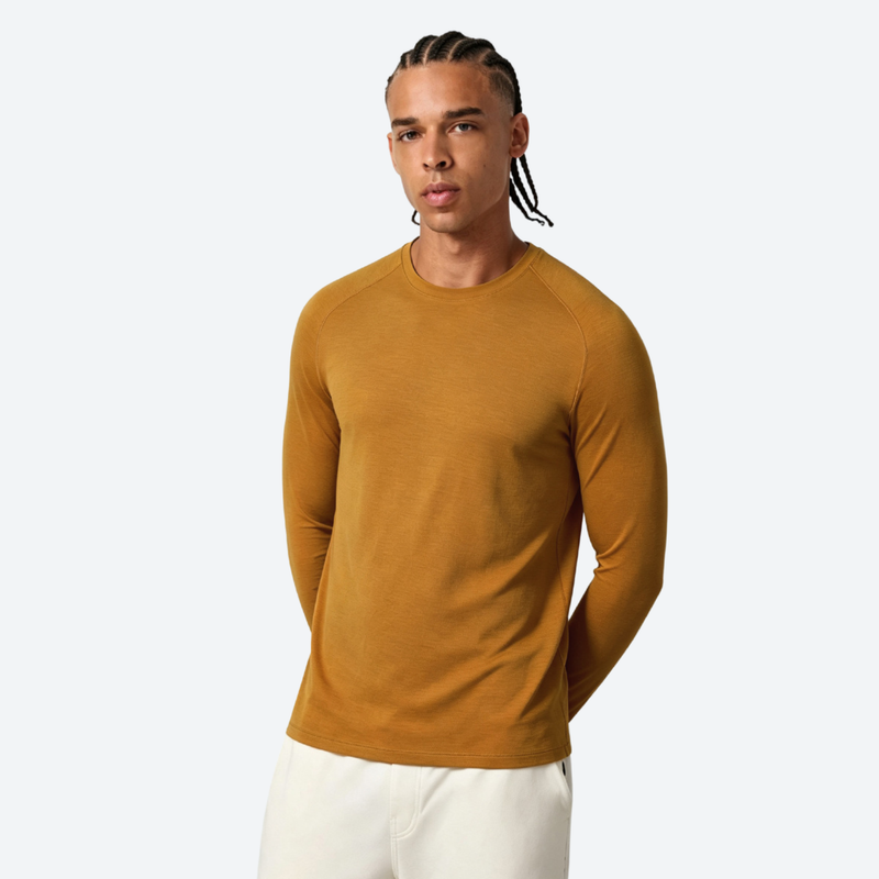 Men's soft merino wool quick-dry tee for outdoor - mustard merino wool quick-dry base layer top on men, front standing view