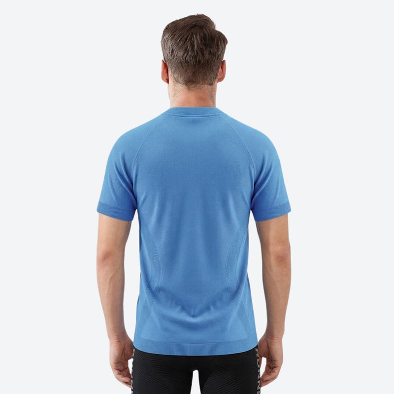 Soft merino wool baselayer with temperature control - blue merino wool baselayer tee on men, for hiking and trail walking