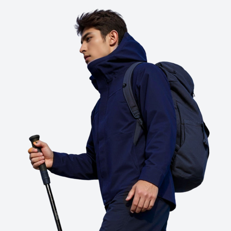 Unisex warm softshell snowboard jacket with hood - navy softshell jacket, for hiking and travel