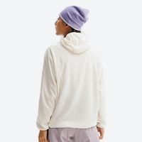 
                  
                    Breathable quick-dry pullover with funnel hood - cream hooded mid-layer pullover on women with beanie, back standing view
                  
                