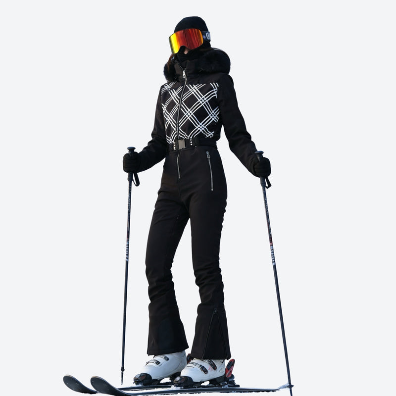 Women's breathable 3-layer jumpsuit with fur-trim hood - black check one-piece snow suit, for skiing and snowboarding