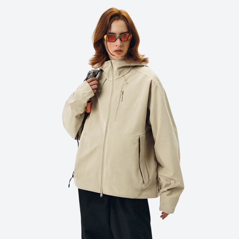 Unisex softshell snowboard jacket with welded seams - cream softshell jacket, on-model front view, for resort and street wear