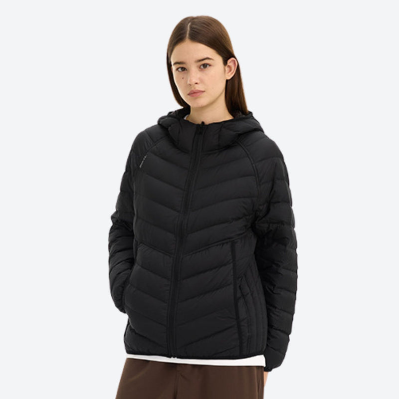 90 goose down reversible hooded jacket - black brown 90 goose down reversible jacket on women, for travel and city walks