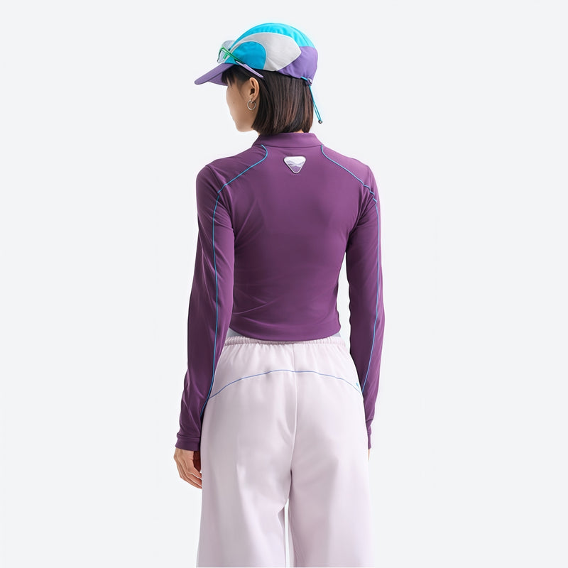 Women's stretchy fitted tee for outdoor - purple half-zip long sleeve tee on women with cap, for hiking and trail walking