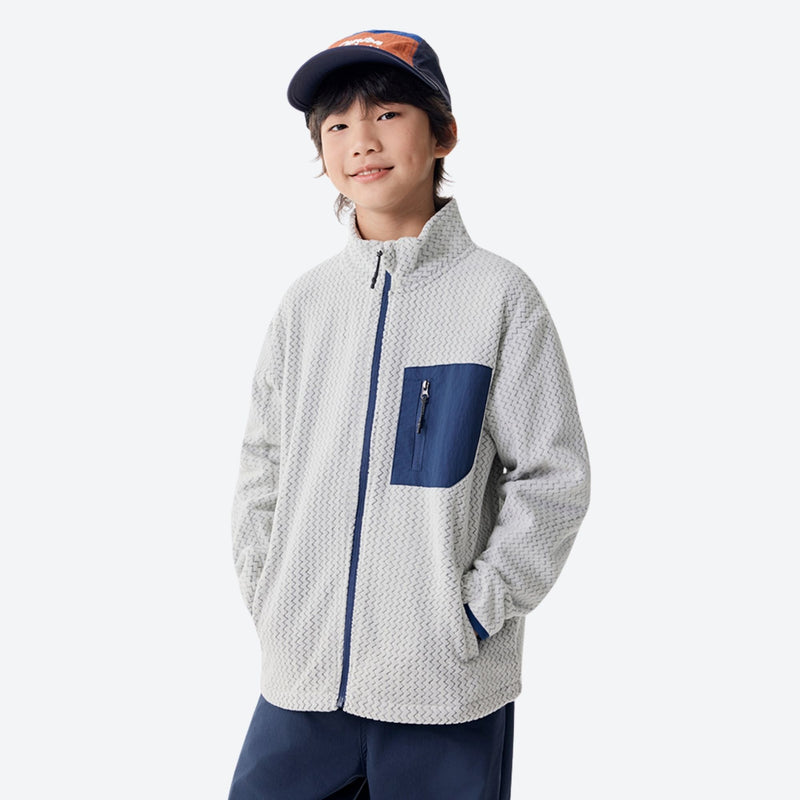 Kids' soft wavy fleece jacket with contrast pocket - light gray wavy fleece kids mid-layer jacket with navy pocket and cap