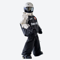 
                  
                    Kids colorblock snowboard jacket with snow pants - black white colorblock kids jacket with black pants, S with helmet
                  
                