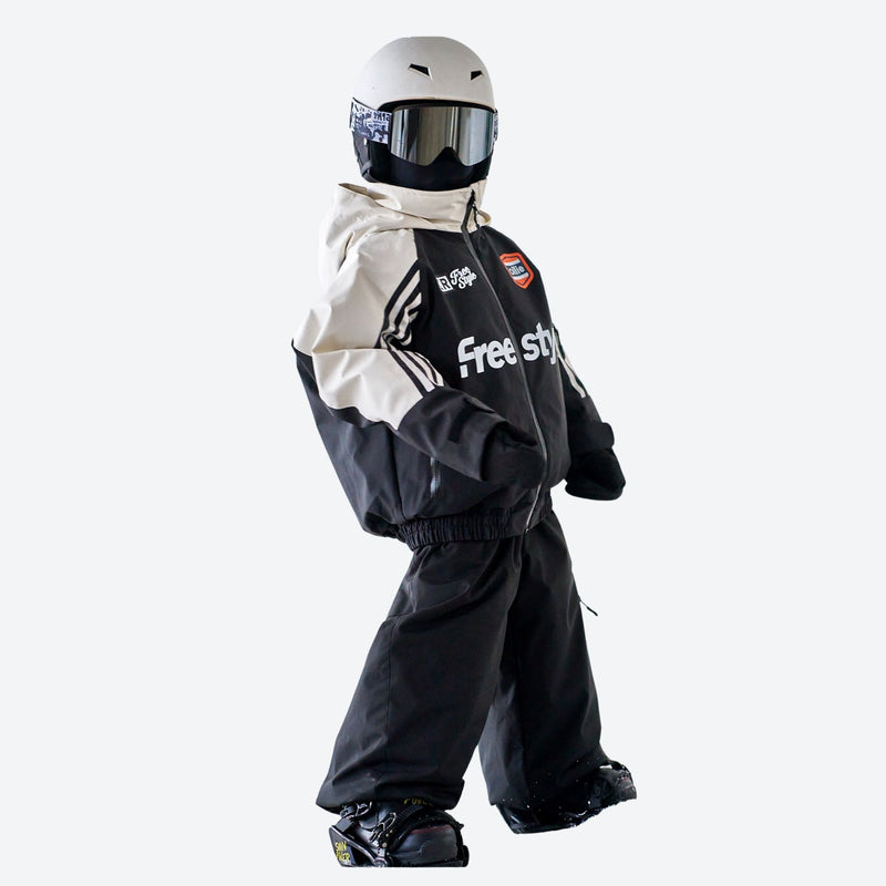 Kids colorblock snowboard jacket with snow pants - black white colorblock kids jacket with black pants, S with helmet