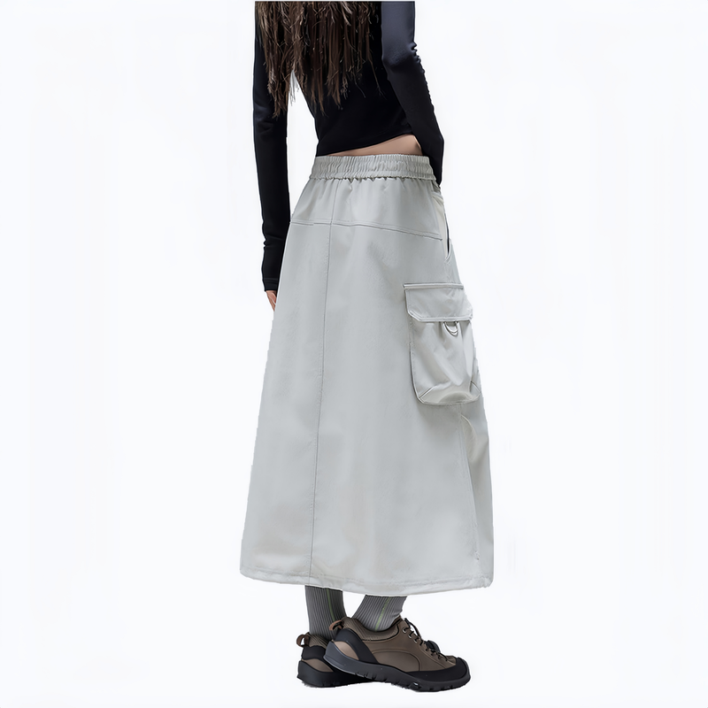 Cargo pocket outdoor long skirt for women - light gray cargo long skirt on women, for hiking and trail walking