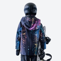
                  
                    Kids print snowboard anorak with bib pants - navy splash print kids anorak, on-model back view, for family resort trips
                  
                