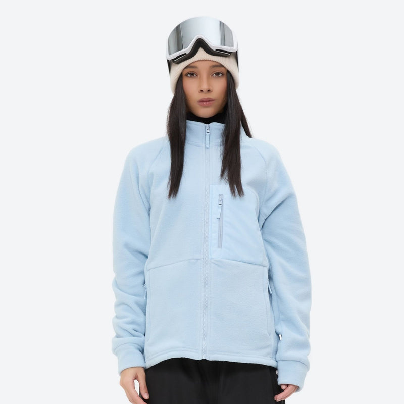 Soft warm fleece liner jacket for cold days - light blue fleece liner jacket on women with goggles