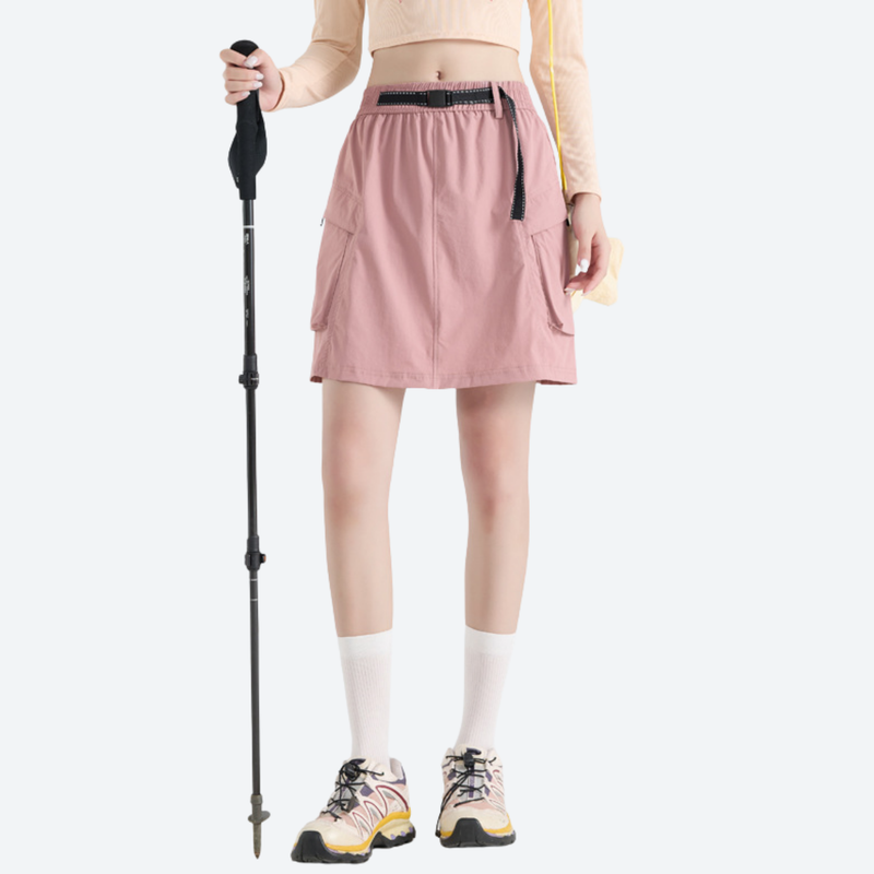 Women's cargo skort with elastic waistband - pink cargo skort with built-in shorts, for travel and city walks