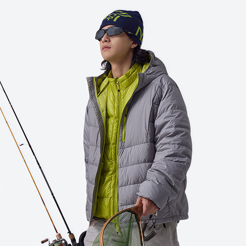 Warm waterproof puffer jacket with hood - light gray waterproof duck down hooded jacket with lime lining on men with beanie