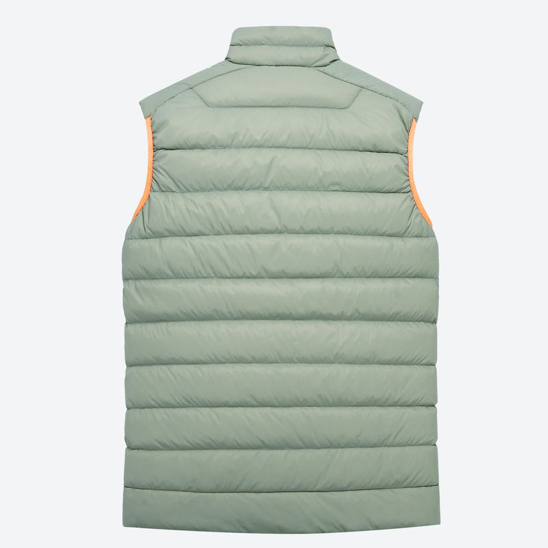 Warm water-repellent down layers for cold days - sage green down vest with orange zip, for travel and city walks